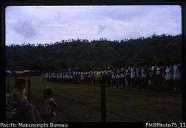 Rabaul school sports [students in uniform lined up beside a running track on a field, New Britain...