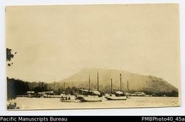 ‘Komini’s shipbuilding yard Rabaul. In the background Mount Mother (volcano). RSB 1914.’ [Photo p...