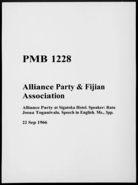 Alliance Party at Sigatoka Hotel. Speaker: Ratu Josua Toganivalu.