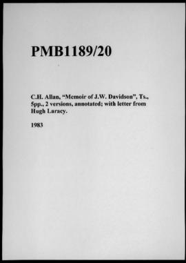 C.H. Allan, “Memoir of J.W. Davidson”, Ts., 5pp., 2 versions, annotated; with letter from Hugh La...