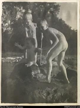 'At the river. October 1940.' Roger, Donovan and Janet Stallan
