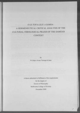 O Le Tofa Liliu a Samoa: A Hermeneutical Critical Analysis of the Cultural-Theological Praxis of ...