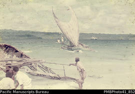 Sailing Tepuke, HRH visit, Gracioza Bay, Ndende. ‘Britannia in background.