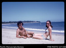 'Barry Shaw, ANU PhD scholar with Liz Baker at Cuvu Beach near Yanuca Island, Fiji'