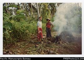 Richard Arbon with his brother inlaw Saunoa Faasea in their maumaga (plantation). Tafua Tai, Savaii