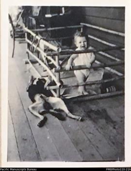 Janet Stallan in play pen with dog lying next her, Wintua mission house, Malekula