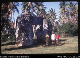 'Liz Baker, Pat James (British Deputy Consul) and his partner Stella James at the Ha'amonga, Tonga'