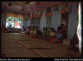 Visitors and their hosts assembled and addressed by a leading matai, Upolu, Samoa