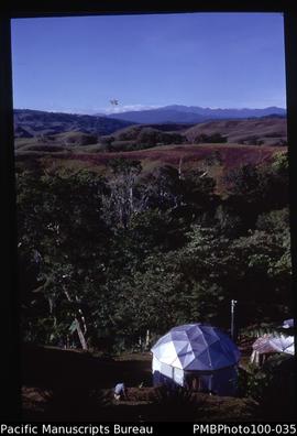 "Guadalcanal mountains viewed from Geological Surveys Department, Honiara, with geodome in f...