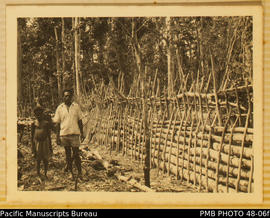 Father and child near yam garden fence, Tatala