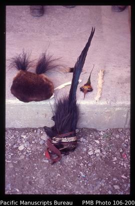 [Headpieces from the central highlands: cuscus fur, cassowary plumes, long bird of paradise feath...