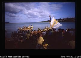 'Arrival of canoe [?] four at Fatamanua[?] Beach, Vila to begin procession. [?] from Aneityum'