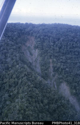 'Landslides – upper Berande River, Guadalcanal. Aerial view.'