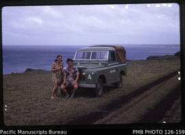 'John and Liz Baker at Hufangalupe, with Agriculture Department Landrover, Tonga'