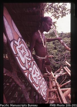 [Shield in a high tree house; Korowai tribe.][High tree house, Korowai tribe.]
