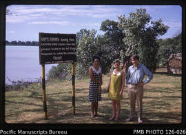'Stella James, Liz and John Baker at Captain Cook's landing place, Tonga'
