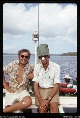 'John Baker with Gordon Knuckey, Lands surveyor, on MV Tomako en route for Gizo'