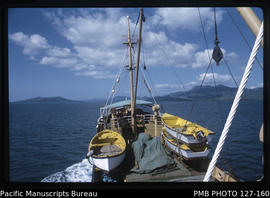 'View of bow of MV Komaiwai travelling along Macuata coast to Malau, Fiji'