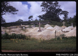 'Contemporary graves in front of one of Langi near Mua village, Tonga'