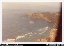 Aerial view of Kingston wharf with ship off Emily Bay.