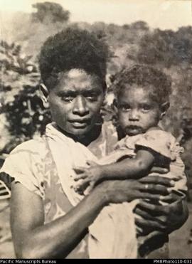 'Rebeka and Level. October 1940.' probably at Wintua mission house, South West Bay, Malekula
