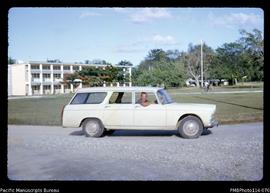 'Frank Hannegan, surveyor, driving from Dept of Lands and Mines, Honiara'