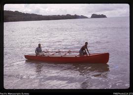 'Agriculture canoe with Walter (a Tikopean) and the new Kira Kira Airfield behind'