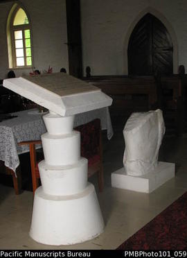 Bau traditional killing stone and the font in the [Methodist] Ratu Cakobau Memorial Ch [Church]