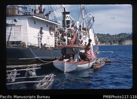 ‘“Shopping” on the “Nikau”. Pastor Jimmy’s launch and canoes tie up alongside, South West Bay.’