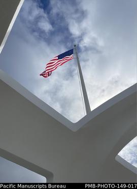 American flag over the USS Arizona Memorial, Pearl Harbor, Oahu