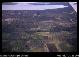 'Aerial view of farming land looking north to lagoon, Tonga'