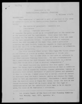 B. Holloway, Submission to Constitutional Planning Committee, 2 Nov 1973, Ts., 14pp., on (a) the ...