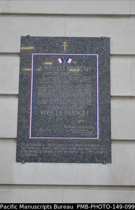 Commemorative plaque near the entrance of 4 Carlton Gardens London, reproducing General de Gaulle...