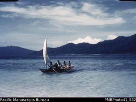 Council members & head men arrive for meeting on Nanago. Headmans canoe, Vanikoro.