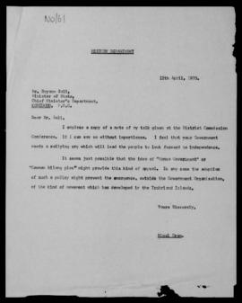 Nigel Oram, letter to Boyamo Sali, Minister of State, Chief Minister’s Department, Konedobu, 12 A...
