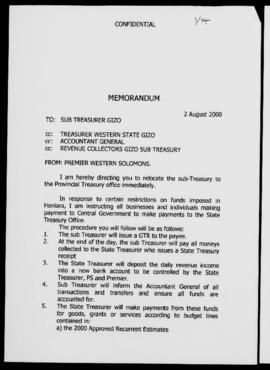 Hon. R. Lilo, Premier Western Solomons, Memorandum to Treasurer Western State Gizo and others, di...