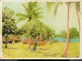 Hand-coloured village scene, probably Malekula