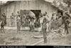 Santa Cruz men and boys standing by store shed (postcard). Written on front in red:  'Natives, Gr...