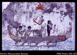 [Painted carving of the same event: arrival of the first missionary (he was a Papuan) on Biak Isl...