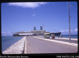 'MV Achille Lauro at Queen Salote Wharf, with causeway etc, Tonga'