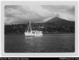 'Labeleo in Ambrym anchorage (a Government vessel), volcano Benbow behind'