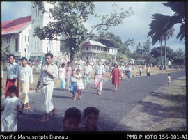 Congregation leaving Catholic Church on a Sunday morning, Upolu, Samoa