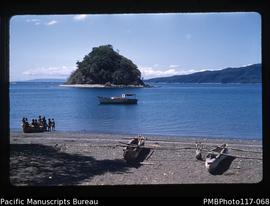 ‘“Ten Stick” Island and Pastor Jimmy’s launch from Bennaur village (Lawa is opposite)’