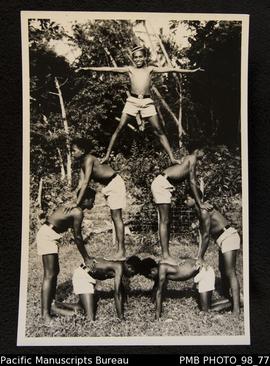 First Tongoa Boys Brigade Company, Napagasale. Pyramid display at church assembly on Ambrym