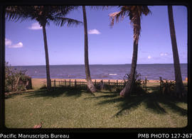 'View of back lawn, coconut palms and sea from rear of 30 Beach Road house, Suva, Fiji'