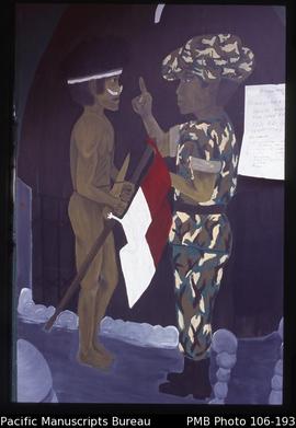 [Poster with Indonesian soldier instructing a Papuan holding an Indonesian flag tied to his speak...