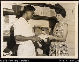 Miss Lowndes, book stall, Tangoa