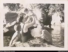 'At the river. October 1940.' Christina, Roger, Donovan and Janet Stallan, Malekula