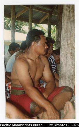 Sogaimiti (Samoan man with a pea tattoo) at an ava (kava) ceremony for school teachers Pita and T...
