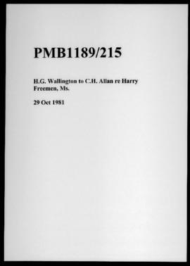 H.G. Wallington to C.H. Allan re Harry Freemen, Ms.
